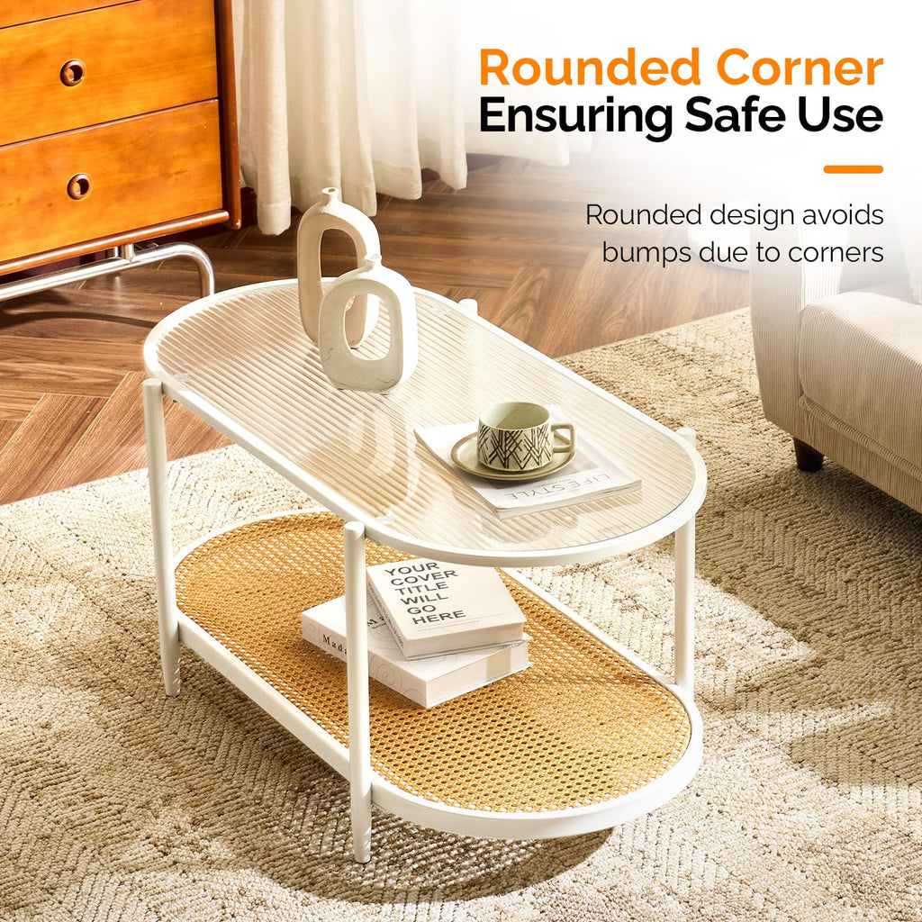 38" Glass Coffee Table Oval, Rattan Coffee Table, White