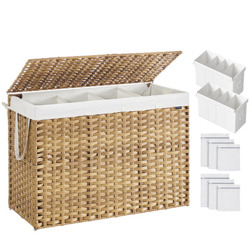 Laundry Hamper with Lid, 200L 4-Section Wicker Basket, 6 Mesh Bags