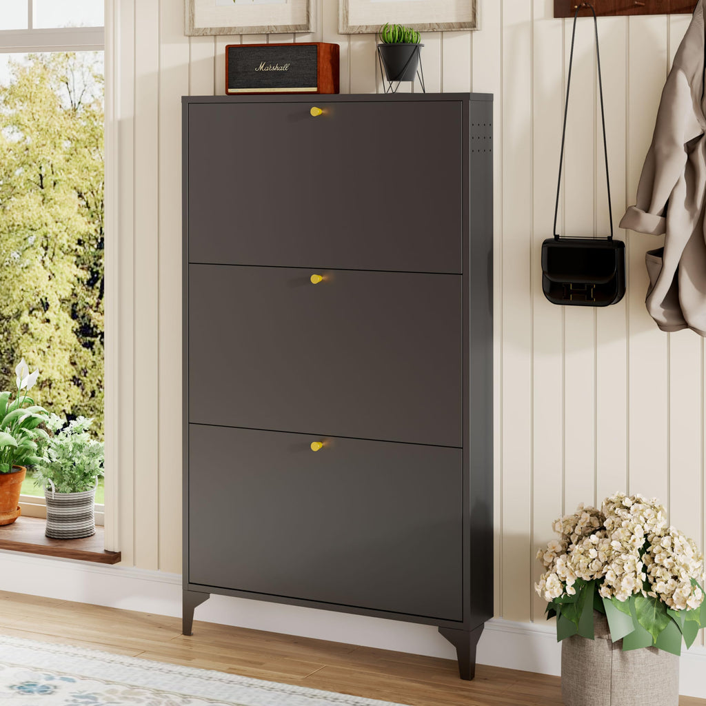 Shoe Cabinet with 3 Flip Drawers-Metal Narrow Shoe Rack -Hidden Metal Shoe Cabinet-Freestanding Shoe (3 Door, Black)