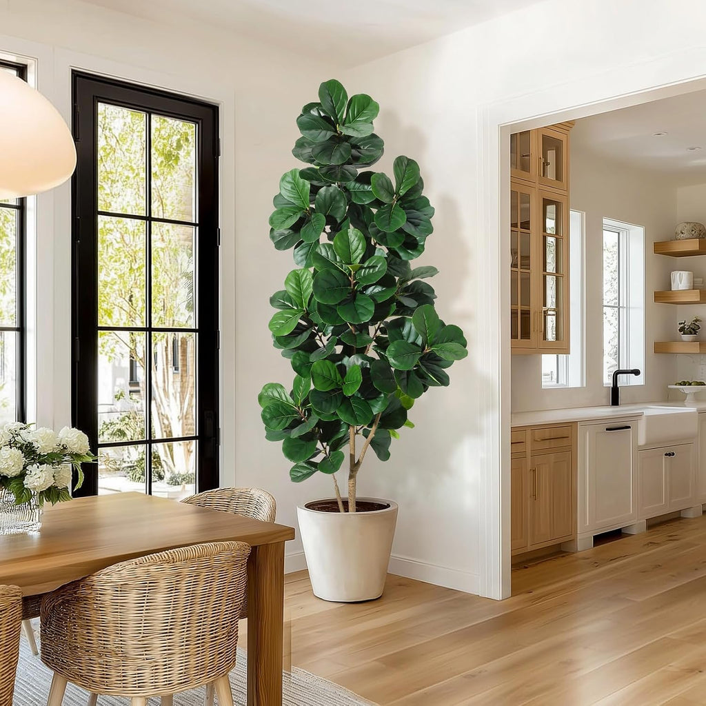 7ft Artificial Fiddle Leaf Fig Tree, 141 Realistic Faux Ficus Lyrata Leaves with 3D Veins, 9in White Ceramic Planter