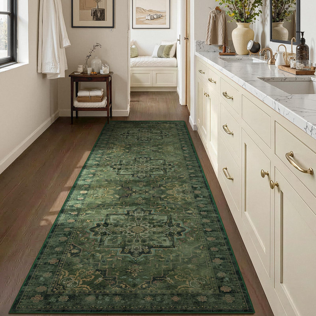 Retro Green 3x8 Rug Runners Non Slip, Distressed Medallion Carpet Runners 8ft, Low Pile Thin Runner Rug Non Slip