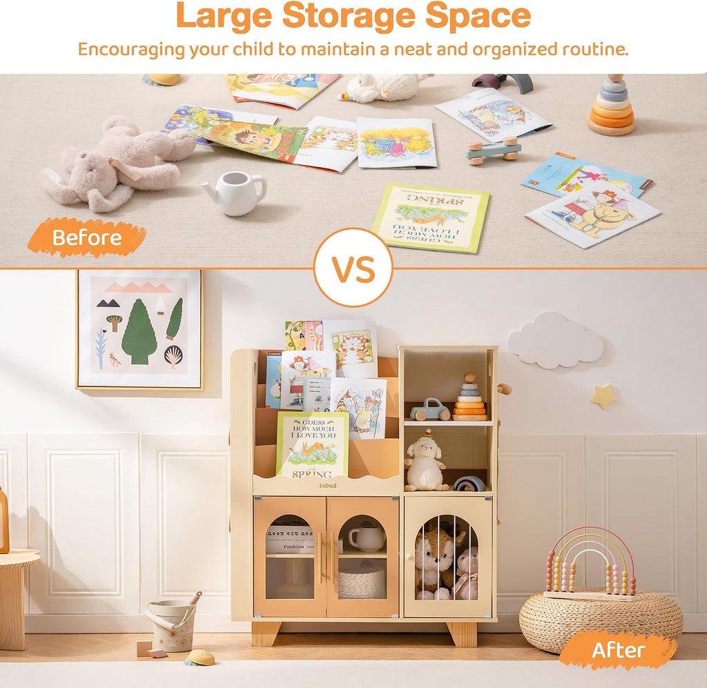 Toy Storage Organizer, All-in-One Toy Organizers and Storage, Kids Wooden Bookshelf with 6 Storage compartments, Toy