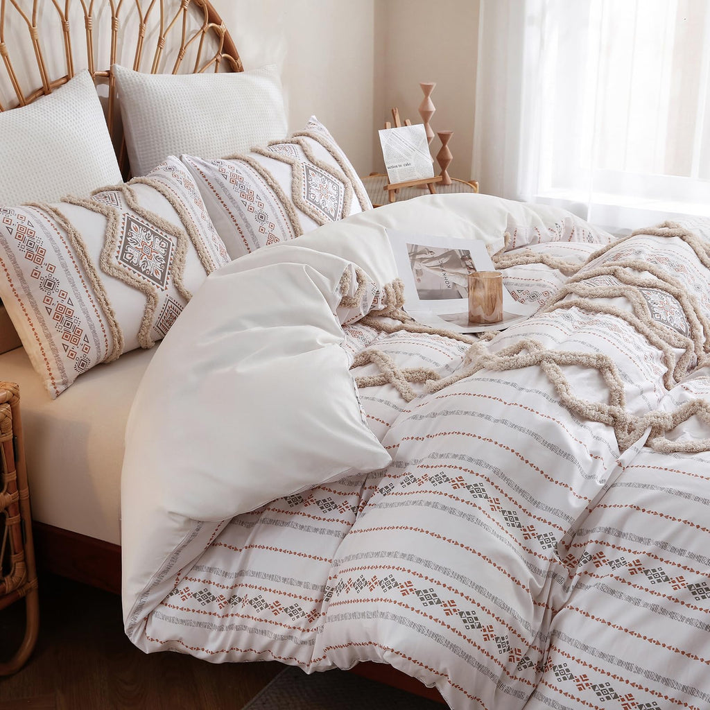 Beige 100% Cotton Boho Duvet Cover Set Queen Size, 3-Piece Tufted Textured Modern Boho Moroccan Bedding, Aztec