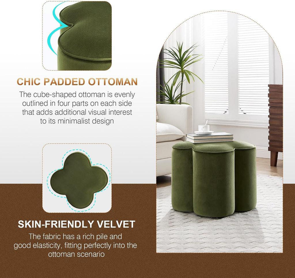 Flower Pouf Ottoman Foot Rest, Velvet Fabric Poofy Ottoman Stool | Large Ottoman Footstool for Couch, Modern Living