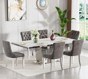 Modern Extendable Dining Table Set for 6, 94" Faux Marble Expandable Table with 6 Grey Velet Chairs & Silver Mirrored