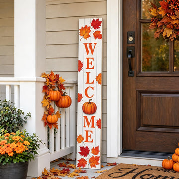 Fall Welcome Porch Sig 47" Tall Vertical Wooden Sign with Pumpkin Maple Leaves Farmhouse Rustic Autumn Thanksgiving