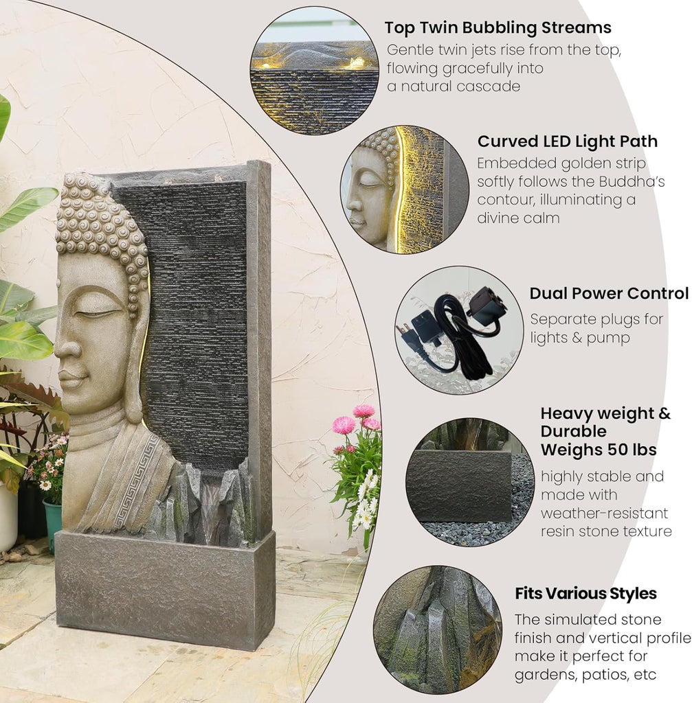 47.5" Buddha Water Fountain Outdoor with LED Lights