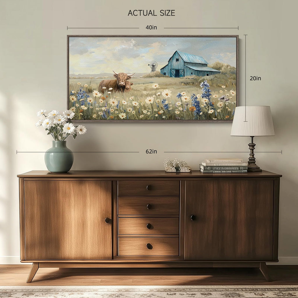 Large Framed Farmhouse Wall Art, Highland Cow Country Pictures Wall Art Decor, Vintage Barn Landscape Floral