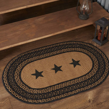 Farmhouse Primitive Jute Black Stenciled Stars Accent Rug Oval w/Floor Pad 24"x36"