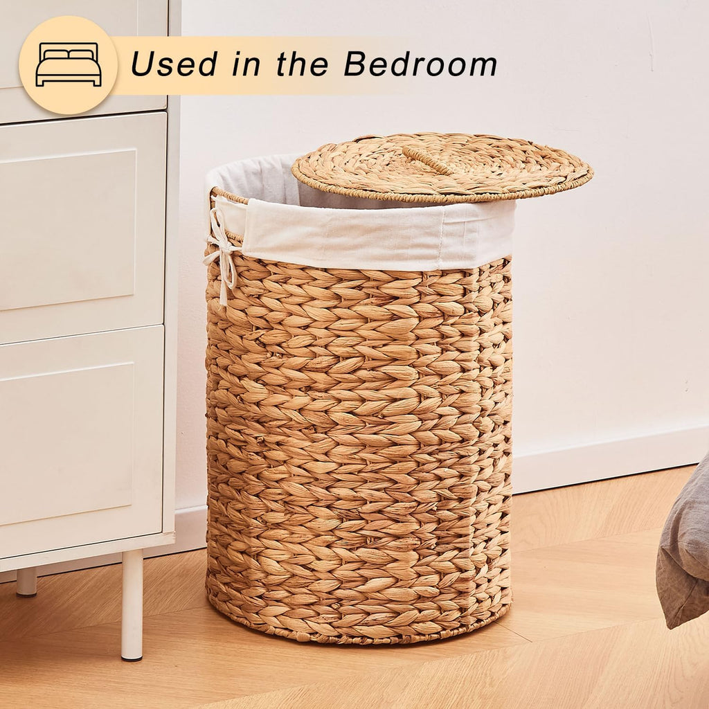 Round Water Hyacinth Laundry Hamper with Lid Handwoven Wicker Basket with Handles for Dirty Clothes, Storage, and