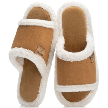 Open Toe Womens Slippers, Fuzzy Suede Slipper with Cozy Memory Foam