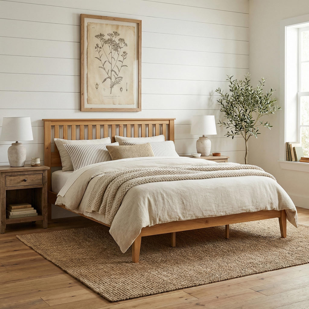 Wood Platform Bed - Pine, King, Bed & Mission-Style Headboard