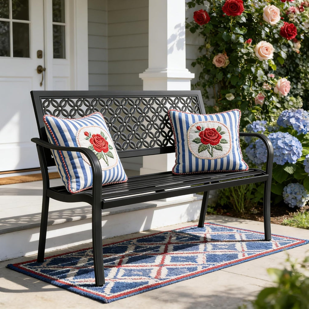 50" Outdoor Bench, Garden Bench with Armrests, Black | Anti-Rust Metal Powder Coated Frame, Patio Bench for Front