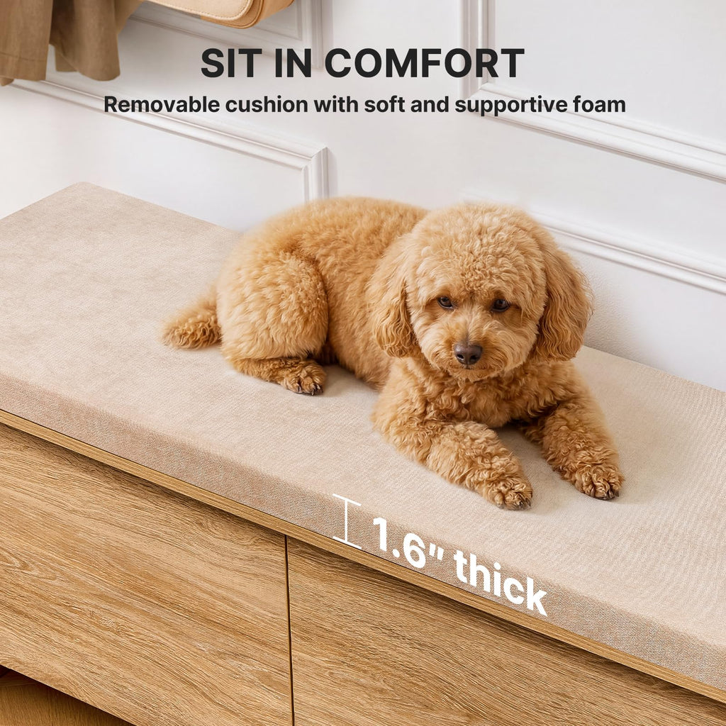 47.2" Shoe Storage Bench with Cushion, Natural Oak