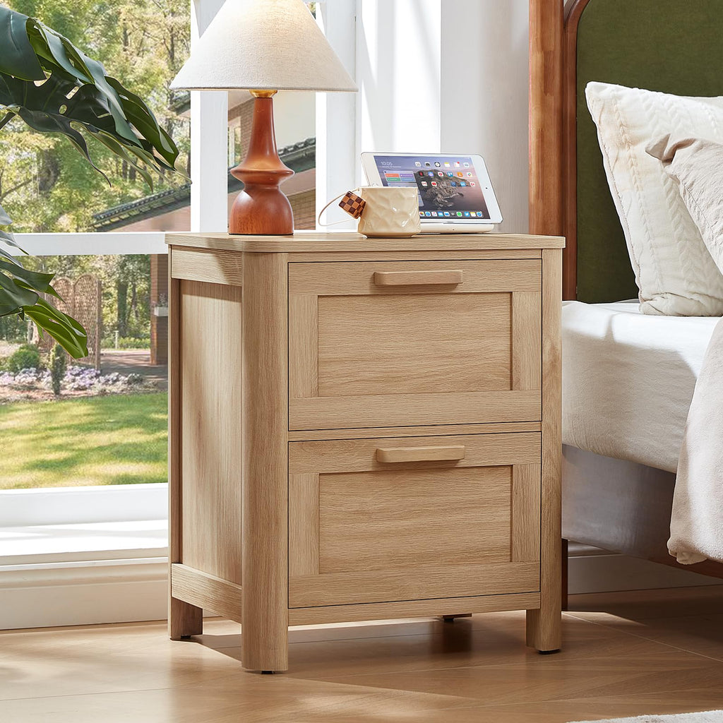 Farmhouse Night Stand Set of 2 with Charging Station, Natural Wood