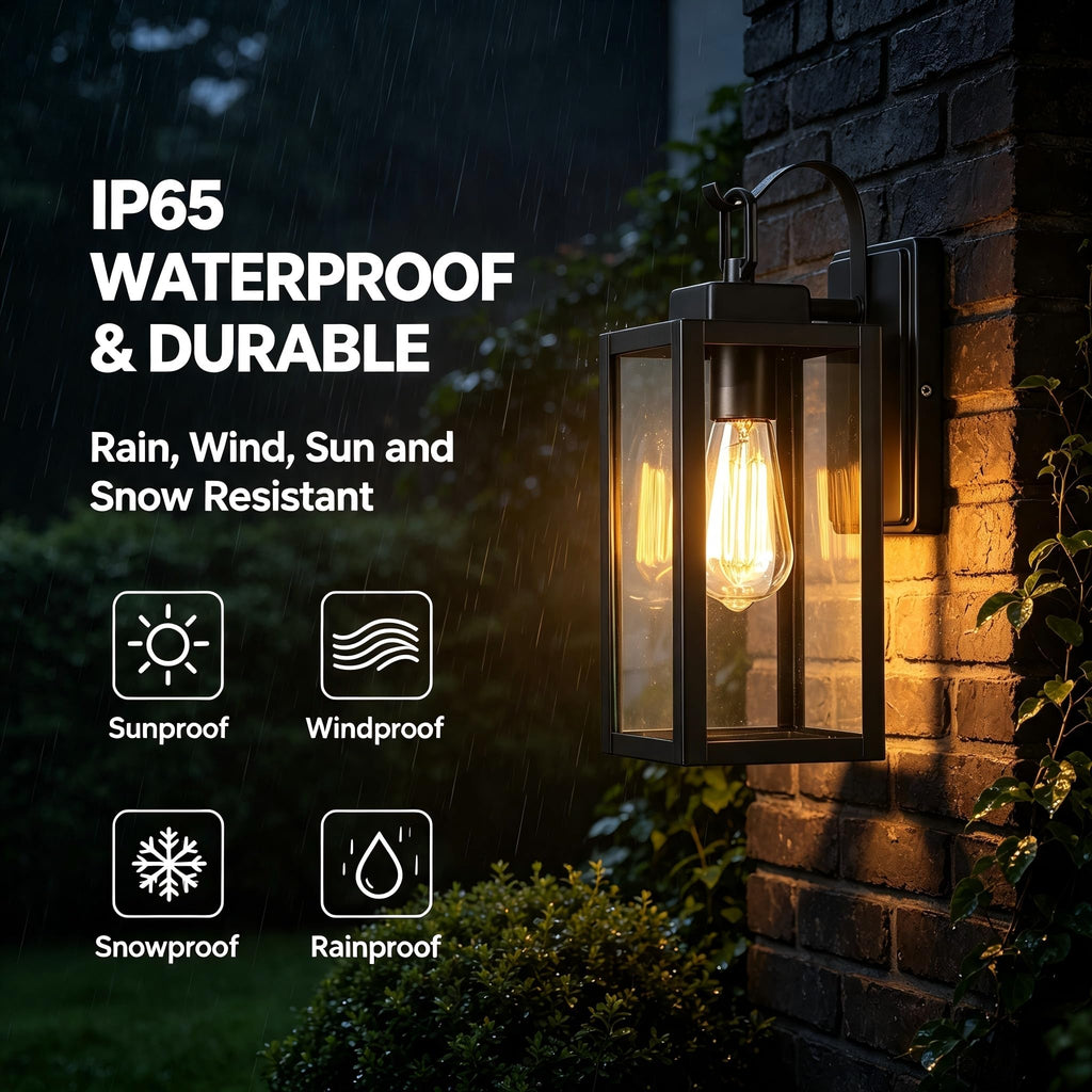 Outdoor Wall Lantern, Matte Black Clear Glass Sconce