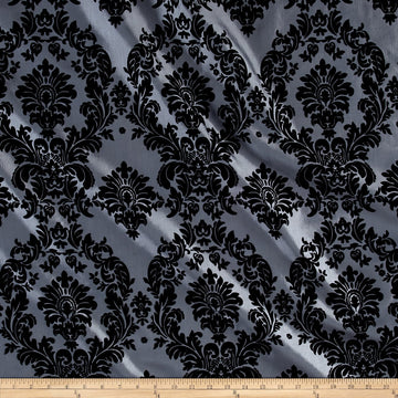 Flocked Damask Taffetta Silver/Black, Fabric by the Yard