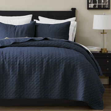 Navy Blue 100% Cotton Quilt Bedding Sets with 2 Pillow Shams, Textured Lightweight Soft Bedspread Shabby