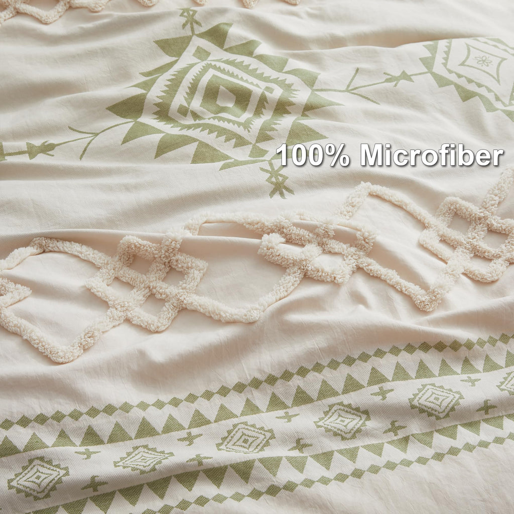 Boho Duvet Cover King Size, Beige & Sage Green, 3 Pieces