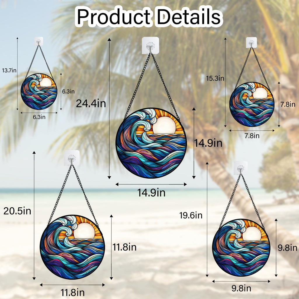 Sunset Ocean Waves Stained Glass Window Hanging Suncatcher Gifts 15"