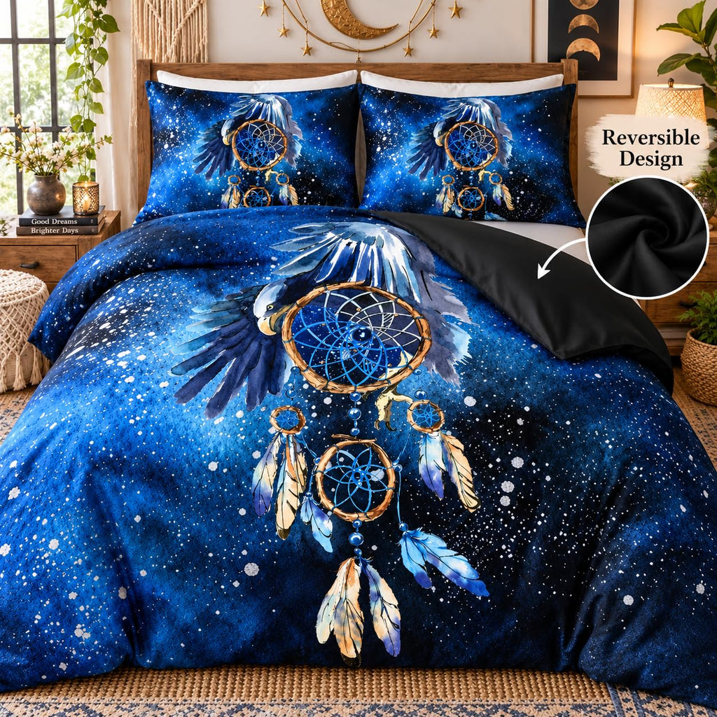 Blue Dream Catcher Full Duvet Cover Boho Style - Bohemian Bedding Set with Tribal Print - Soft Microfiber Boho