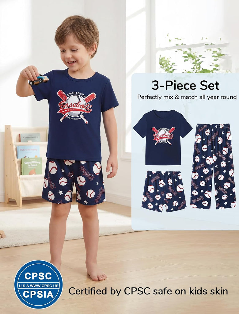 Boys Pajamas 3 Piece Summer Sleepwear Soft Short Sleeves Shorts Set & Long Pants Cool PJs