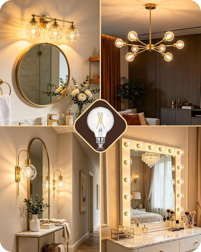 6 Pack G25 Globe Light Bulbs, Dimmable Vintage LED Edison Bulbs, CRI90+ 5W Equivalent 60W, Clear LED Filament Vanity