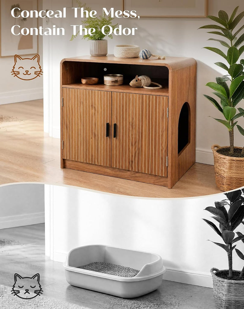 Cat Litter Box Enclosure Furniture with Hidden Storage Cabinet, Open Shelf, Fluted Doors and 27.56 inches Wood Grain
