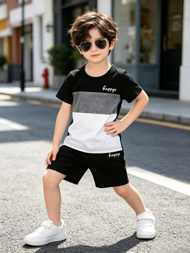 Toddler Kid Boy Clothes Colorblock Letter Graphic Tee Shorts 2PC Summer Outfit Set