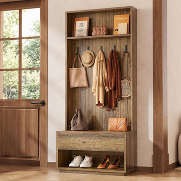 Hall Tree with Bench and Shoe Storage, Entryway Coat Rack with Shoe Bench and Drawer, 5 Hooks, Freestanding Hall Tree