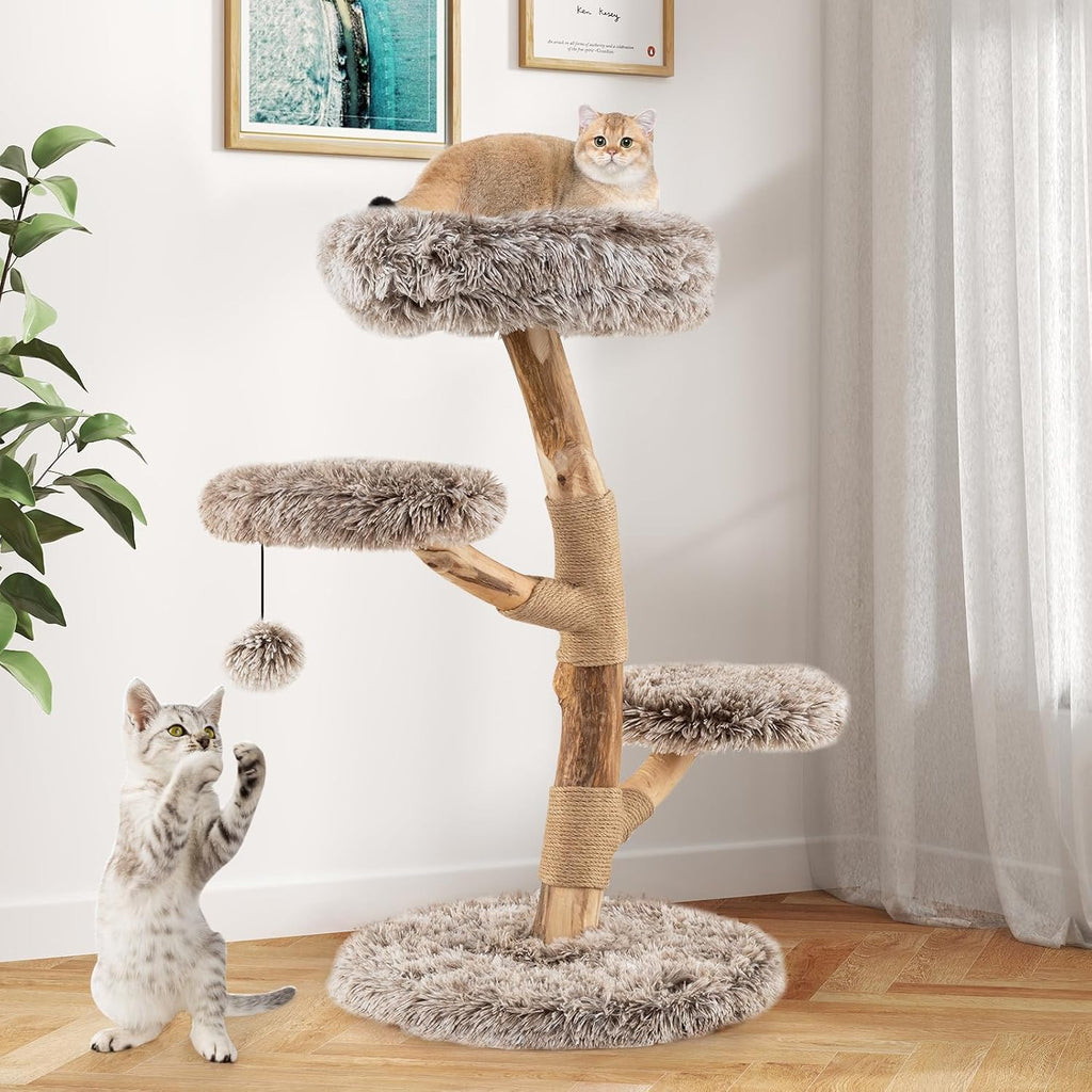 Solid Wood Cat Tree, Multi-Level Modern Cat Tower with Scratching Posts, Cozy Top Perch, 2 Platforms, Dangling Ball