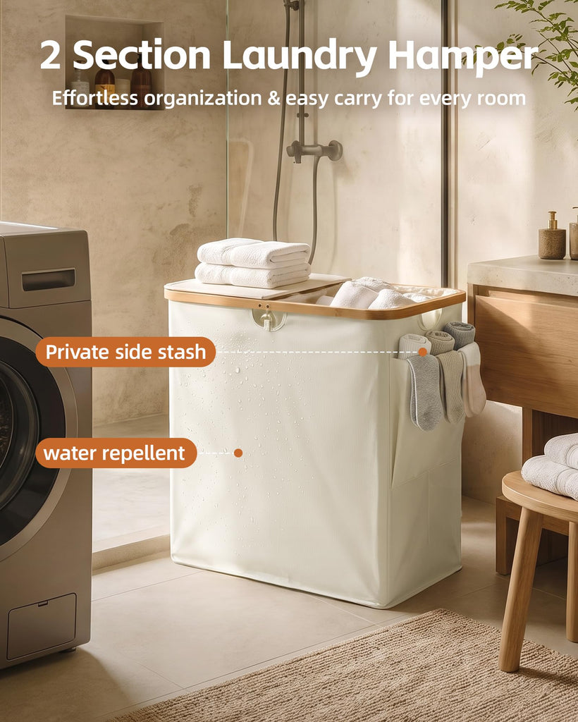 140L Laundry Hamper with Lid, 2 Section Dirty Laundry Bin