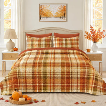 Fall Quilt Set, 3 Pieces Plaid Autumn Bedding, Bedspread
