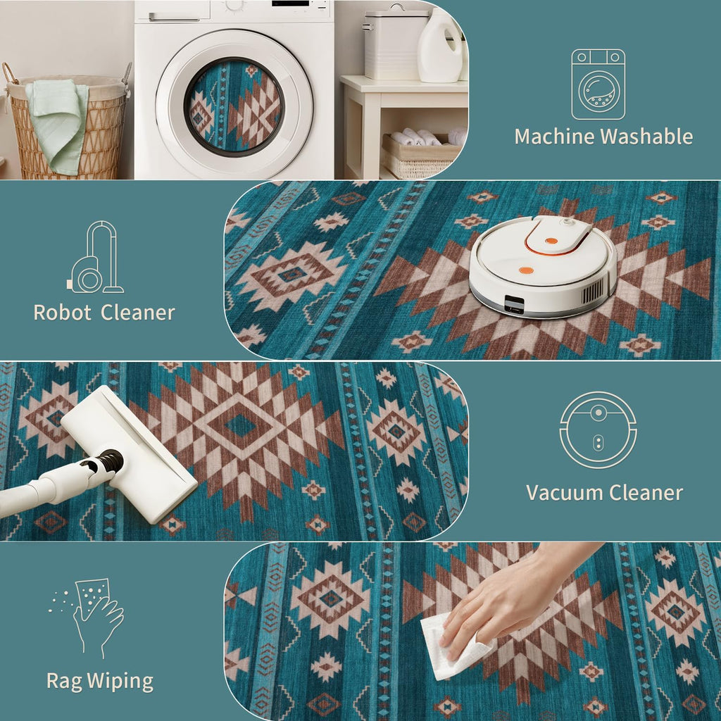 Southwest Teal Rugs, Large Machine Washable Soft Non-Slip Aztec Rug, Low-Pile Non-Shedding Foldable Dining Floor