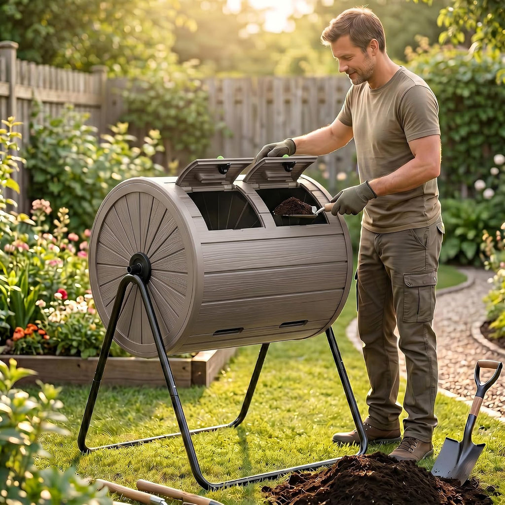 Compost Bin Outdoor 37.5 Gallon Gray | All-Season, Dual Chamber Tumbling, For Garden, Kitchen, Yard, Outdoor