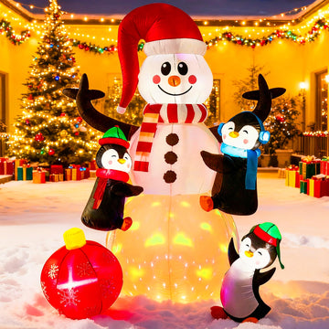 6FT Christmas Inflatable Outdoor Decoration, Snowman with Penguin and Red Ball, Navidad Blow Up Yard Decor with