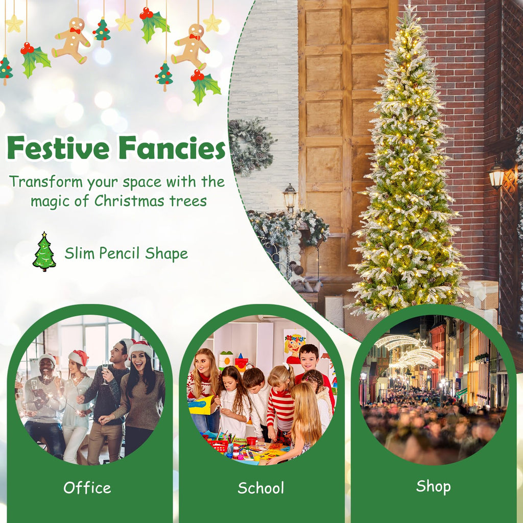 9 FT Pre-lit Flocked Pencil Christmas Tree, Hinged Artificial Xmas Tree with 1310 PE PVC Branch Tips, 470 Warm White