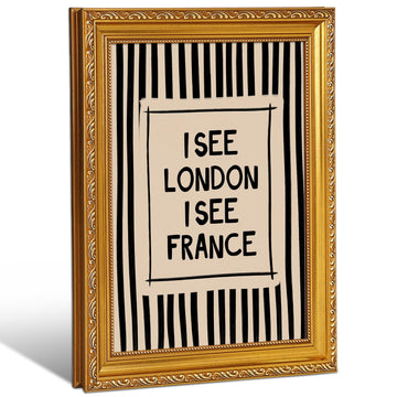 I SEE LONDON I SEE FRANCE Framed Canvas Print, Gold Ornate Wall Art, Funny Quote Bathroom Painting, Retro Black White