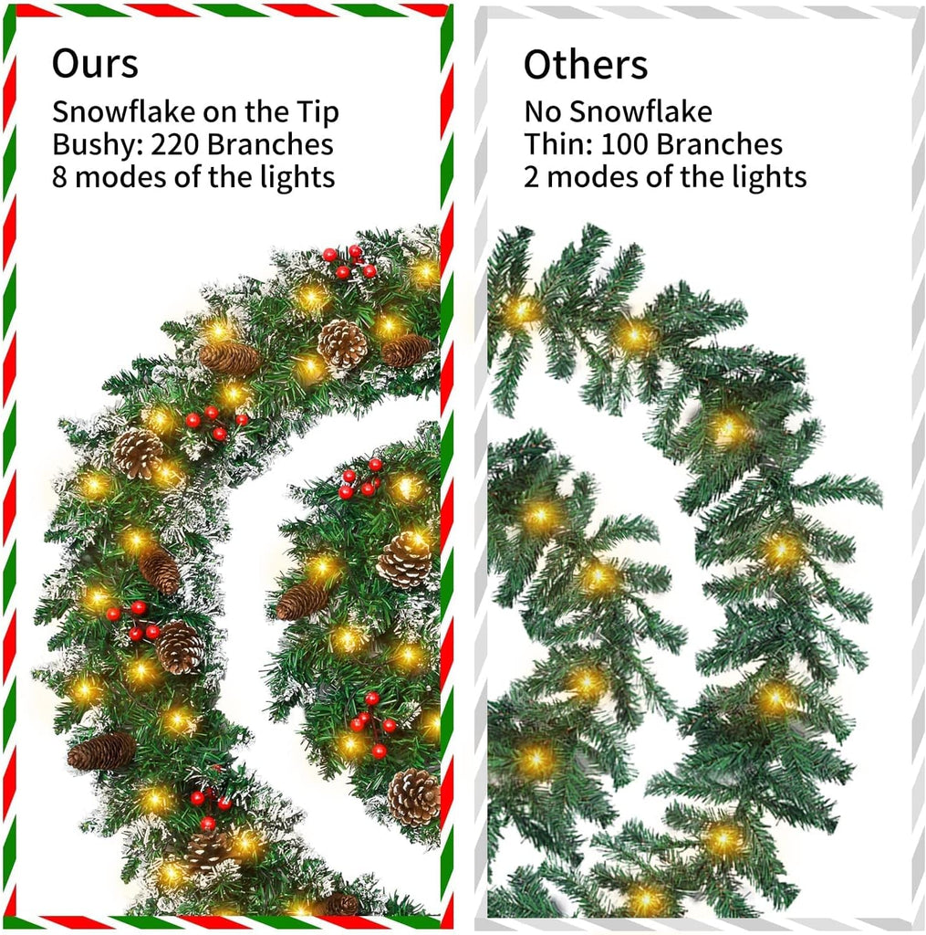 9 FT Christmas Garland with Lights,Battery Operated Lighted Garland with Pine Cones Red Berries Lush Branches,50 LED