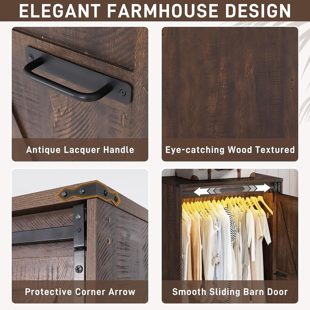 Farmhouse 2 Doors Armoire Wardrobe Closet w/ Folding Sliding Barn Door and Lights, LED Armoire Closet w/Drawers