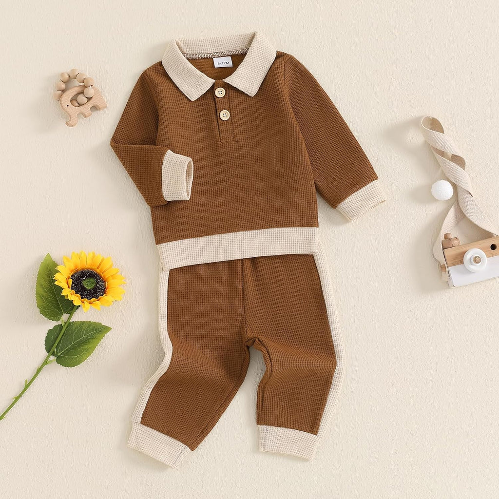 Toddler Boy Fall Clothes Baby Long Sleeve Lapel Button Shirt Color Block Pants Set Baby Boy Winter Outfit