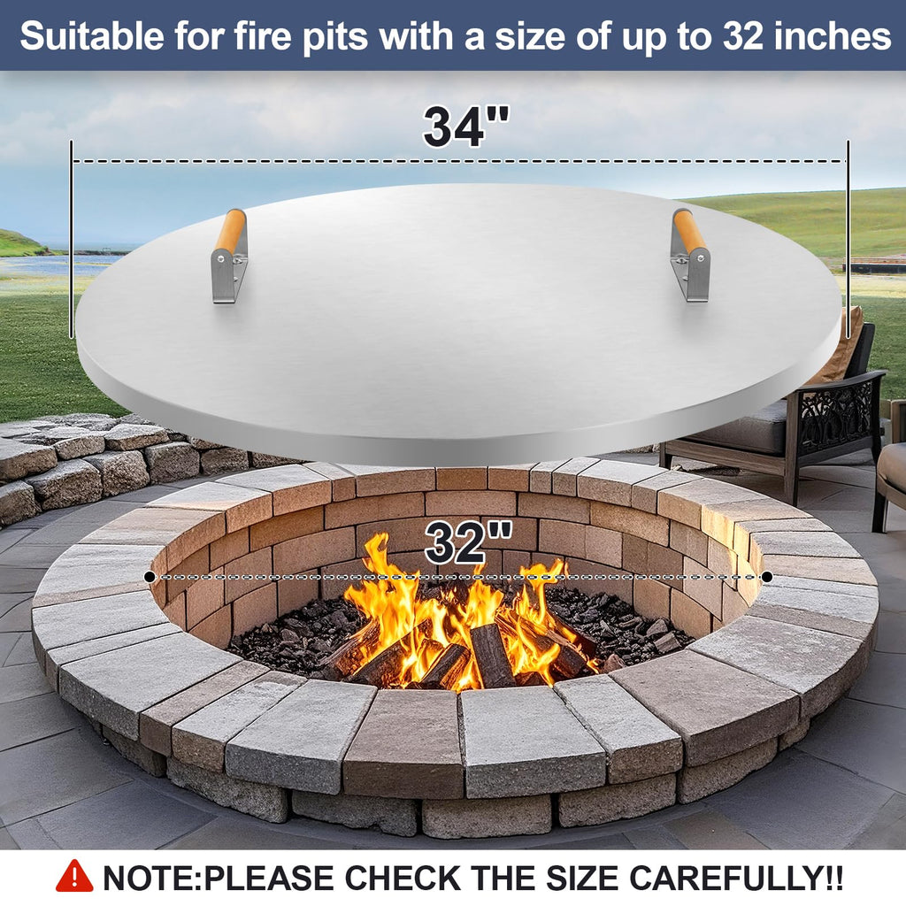 Fire Pit Lid Round 34" - Stainless Steel Firepits Cover with Wooden Handles Firepits, Rust Resistant 1.5mm Fire Pits