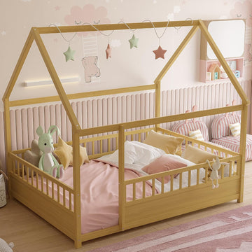 Montessori Floor Bed with High Fence, Roof and Door, Wood Montessori Bed, House Beds for Kids