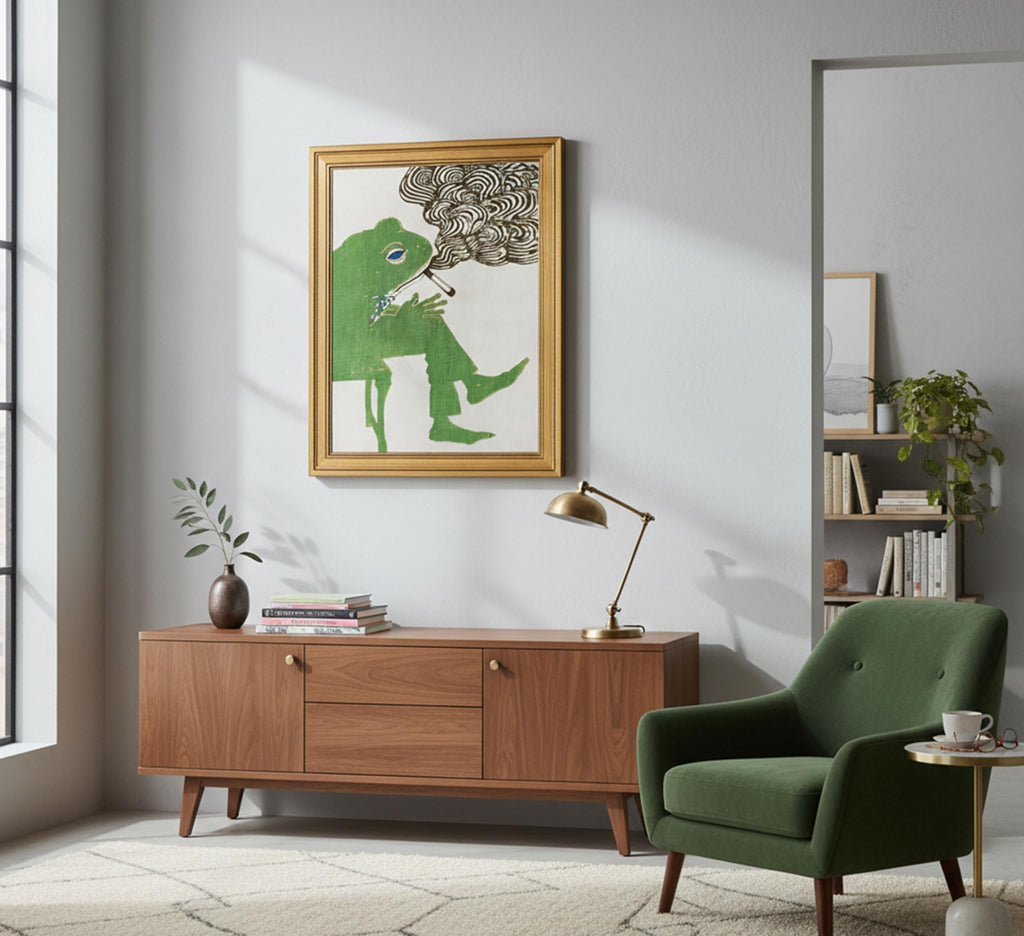 Vintage Gold Framed - Smoking Frog Canvas Wall Art, Retro Japanese Ukiyo-e Style Picture, Whimsical Animal