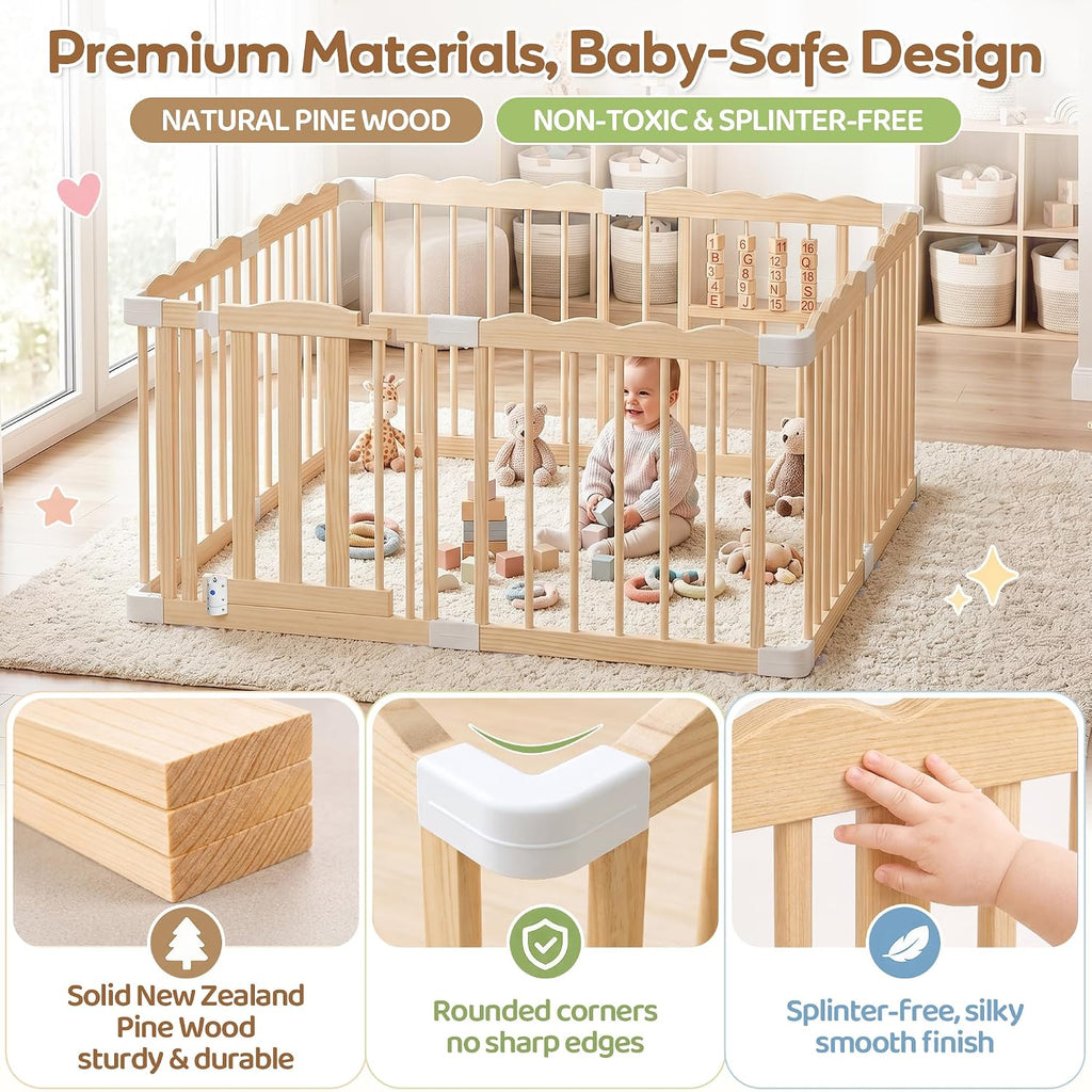 Wooden Baby Playpen, 48"x48"x24" Foldable Play Yard with Built-in Toys, 8 Panel Baby Fence Lockable Door, for Babies