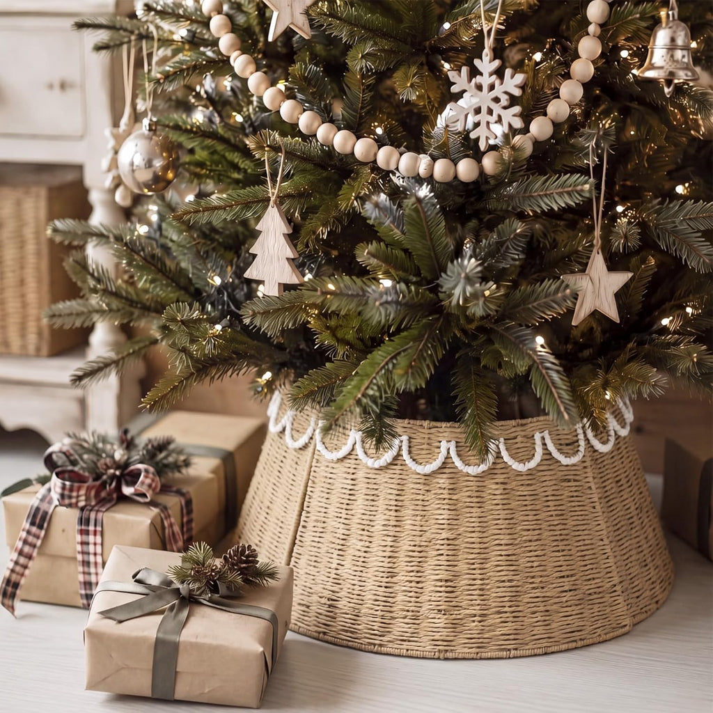 26inch Woven Rattan Scallop Christmas Tree Collar Rustic Tree Ring