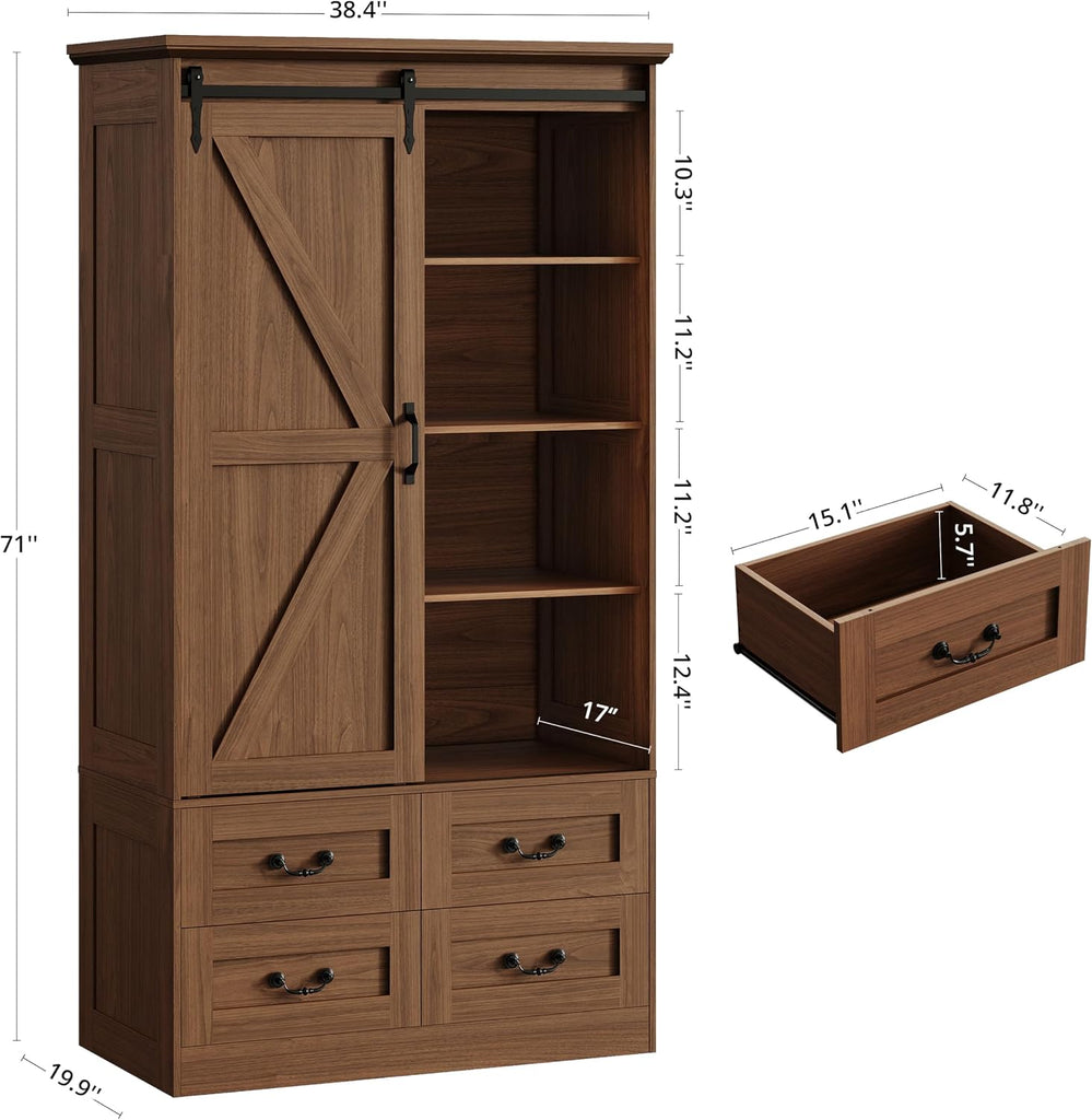 Armoire Wardrobe Closet with 4 Drawers,71" Wardrobe Cabinet with Sliding Barn Doors, Tall Clothing Storage Cabinet