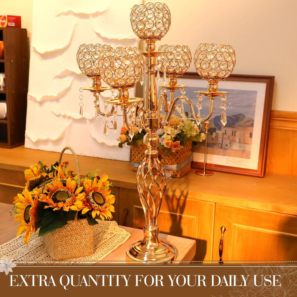 8 Pcs 5 Arm Crystal Candelabra Centerpieces for Table 27 Inch Retro Victorian Crystal Candle Holders Bowl Table