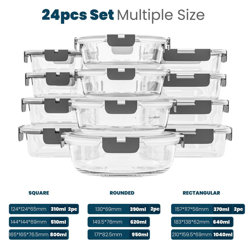 24 Pc Borosilicate Glass Meal Prep Containers with Lid,12 Pack, Grey
