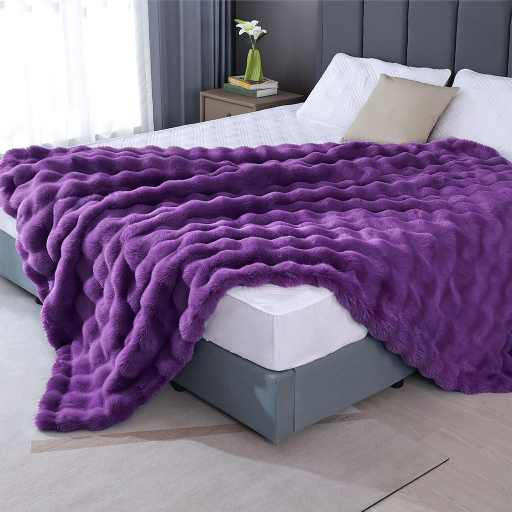 Purple Faux Fur Throw Blanket for Couch, Double-Sided Bubble Textured Plush Blanket with Soft Flannel Back